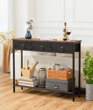 Landelijke Consoletafel Zwart en Vintage Bruin Hout – met 2 Laden en Planken – Industrieel Design, 100×25×80 cm