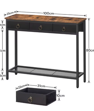 Landelijke Consoletafel Zwart en Vintage Bruin Hout – met 2 Laden en Planken – Industrieel Design, 100×25×80 cm