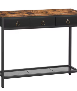 Landelijke Consoletafel Zwart en Vintage Bruin Hout – met 2 Laden en Planken – Industrieel Design, 100×25×80 cm