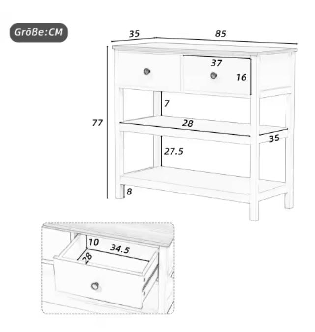 Houten Consoletafel met 2 Lades en Planken – Modern Design, 85x35x77cm