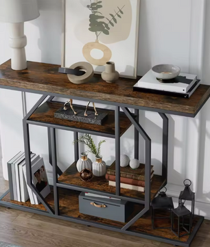 Luxe Landelijke Consoletafel Vintage Hout en Zwart Metaal – 120cm – met 4 open opbergplanken