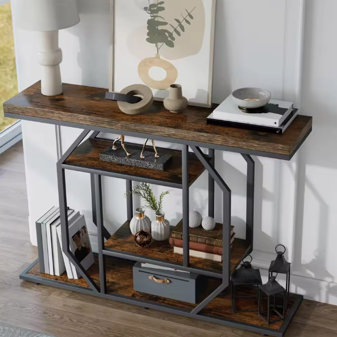 Luxe Landelijke Consoletafel Vintage Hout en Zwart Metaal – 120cm – met 4 open opbergplanken