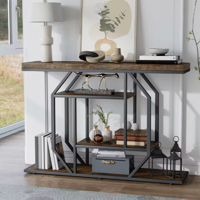 Luxe Landelijke Consoletafel Vintage Hout en Zwart Metaal – 120cm – met 4 open opbergplanken