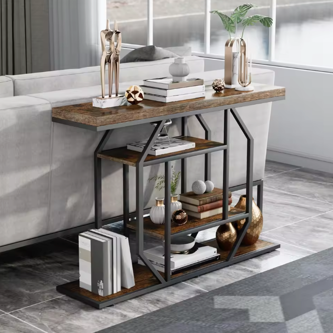 Luxe Landelijke Consoletafel Vintage Hout en Zwart Metaal – 120cm – met 4 open opbergplanken