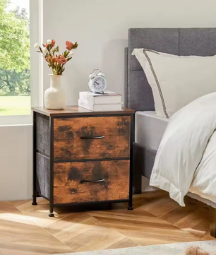 Compact nachtkastje met 2 stoffen lades en houten blad