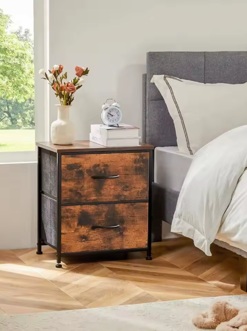 Compact nachtkastje met 2 stoffen lades en houten blad