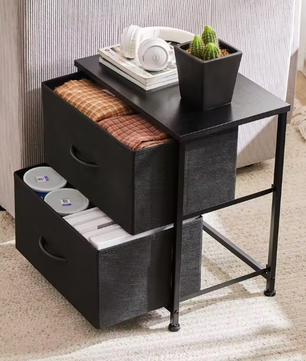 Compact nachtkastje met 2 stoffen lades en houten blad