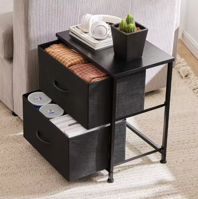 Compact nachtkastje met 2 stoffen lades en houten blad
