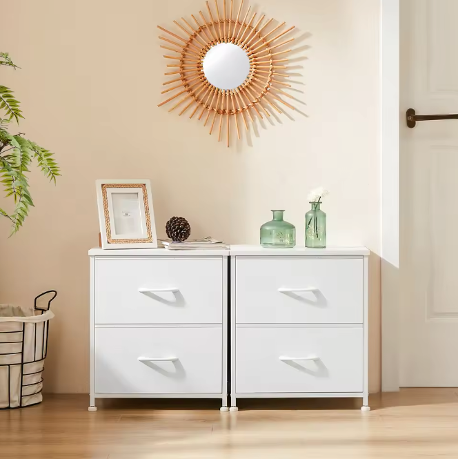 Compact nachtkastje met 2 stoffen lades en houten blad