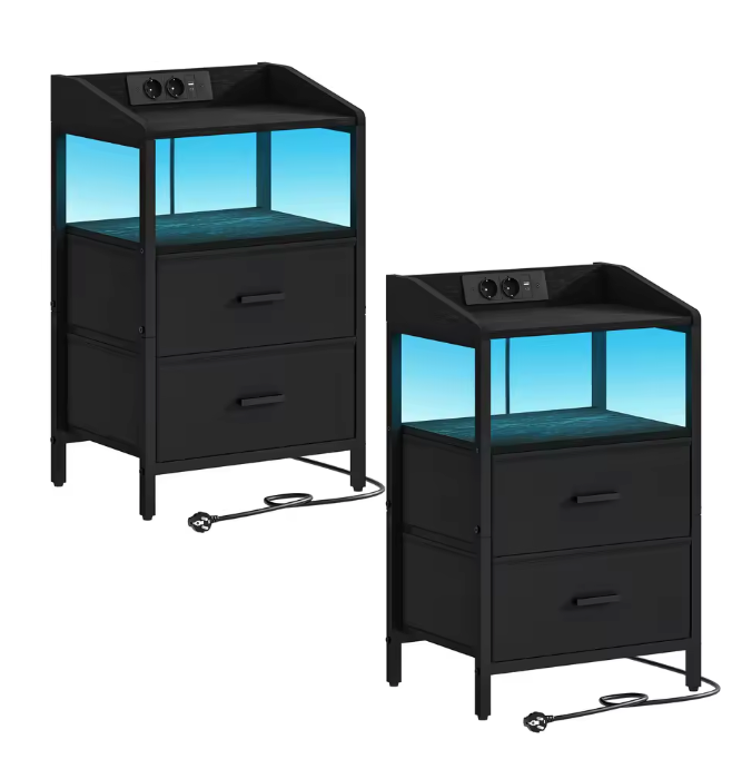 Set van 2 Nachtkastjes met LED lamp, lades en stekkers - Zwart of Wit