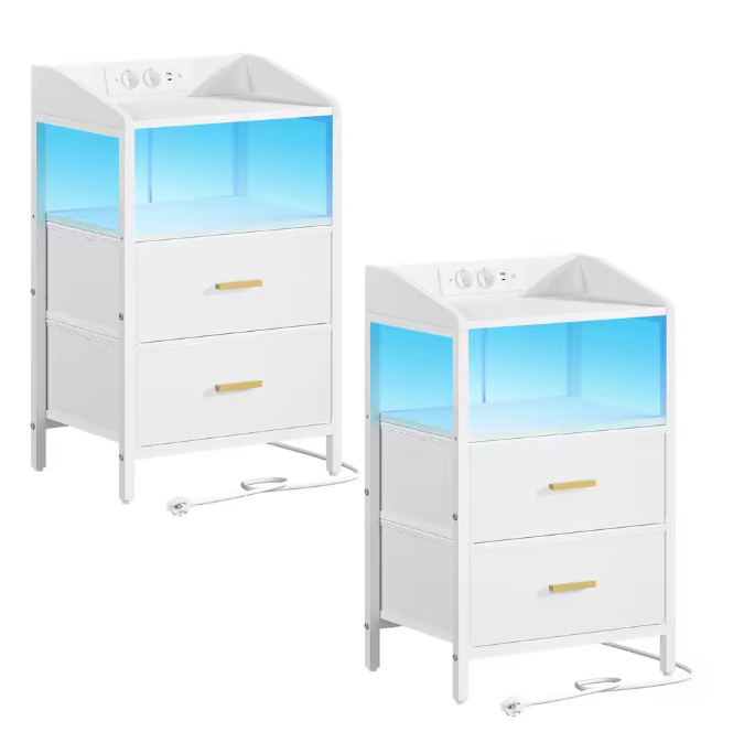 Set van 2 Nachtkastjes met LED lamp, lades en stekkers - Zwart of Wit
