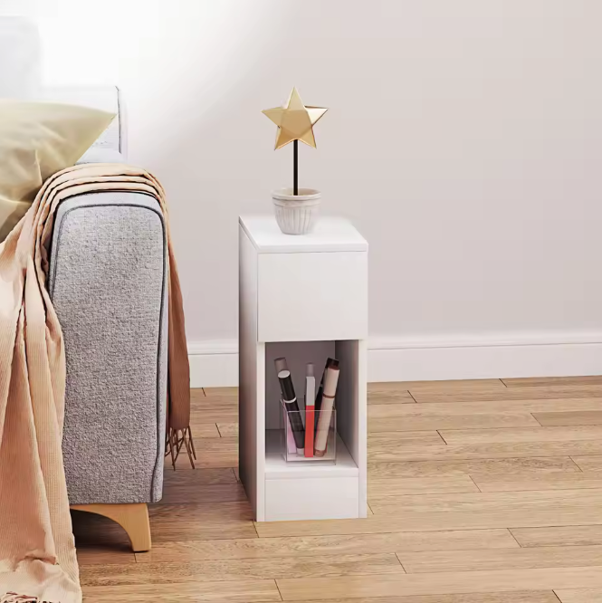 Witte Bijzettafel / Nachtkastje met Lade en Open Vak – Moderne Bijzettafel Wit