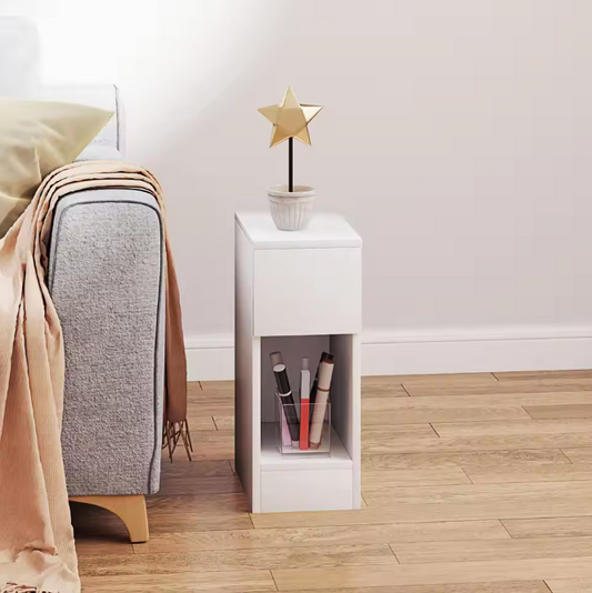 Witte Bijzettafel / Nachtkastje met Lade en Open Vak – Moderne Bijzettafel Wit