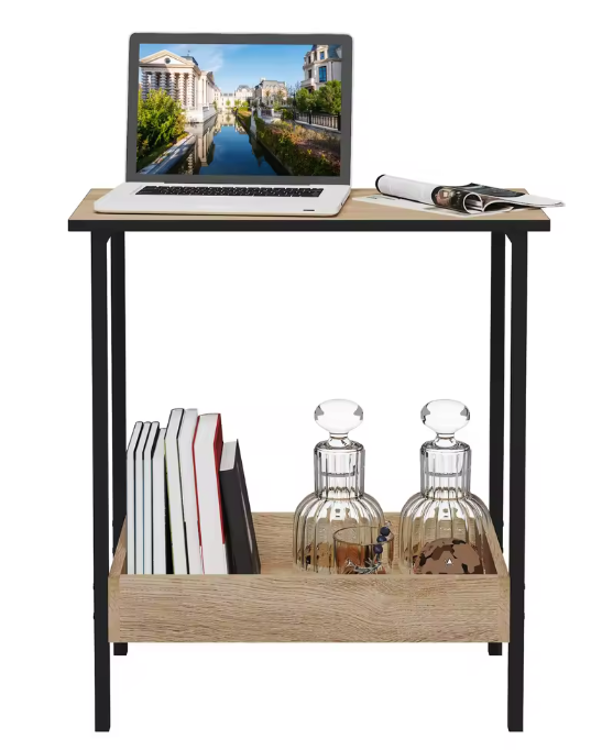 Bijzettafel met 2 planken – Eiken Hout Look en Zwart Metaal