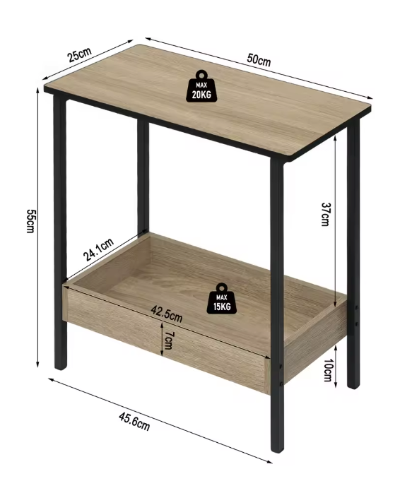 Bijzettafel met 2 planken – Eiken Hout Look en Zwart Metaal