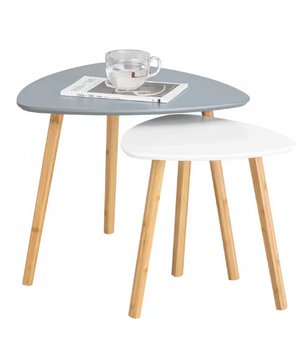 Set van 2 Bijzettafels met Planken – Lichtgrijs & Bamboe, Modern en Functioneel