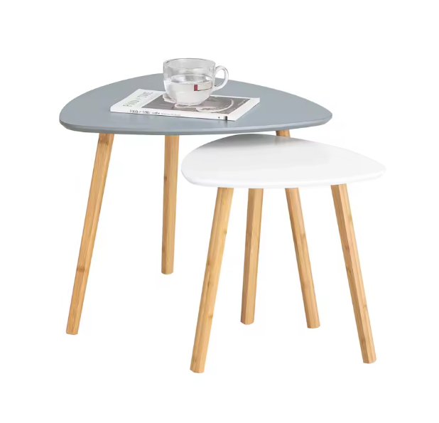 Set van 2 Bijzettafels met Planken – Lichtgrijs & Bamboe, Modern en Functioneel