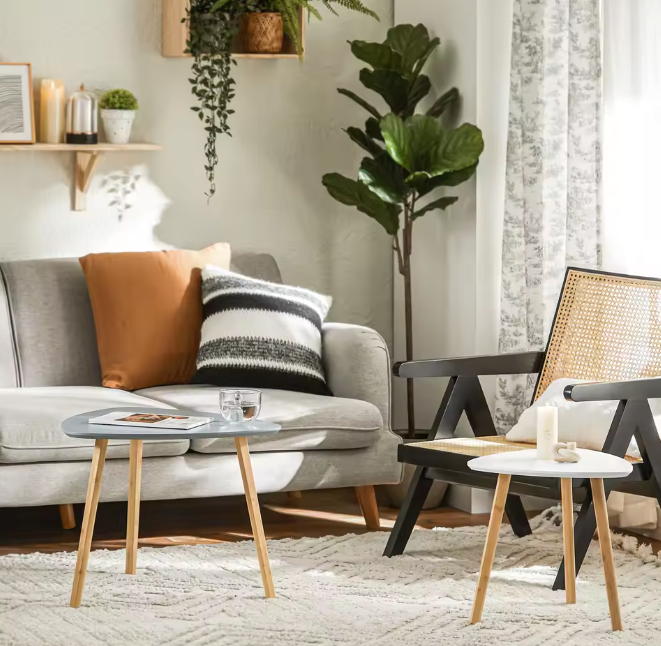 Set van 2 Bijzettafels met Planken – Lichtgrijs & Bamboe, Modern en Functioneel