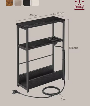 Smal Nachtkastje met USB Laadstation – 3 Planken & Tijdschrifthouder