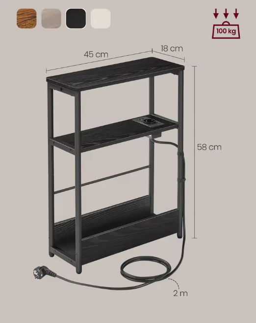 Smal Nachtkastje met USB Laadstation – 3 Planken & Tijdschrifthouder