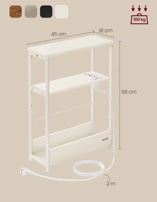 Smal Nachtkastje met USB Laadstation – 3 Planken & Tijdschrifthouder