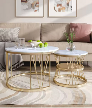 Ronde Salontafelset van 2 – Marmerlook & Gouden Frame