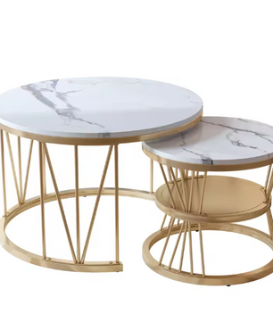 Ronde Salontafelset van 2 – Marmerlook & Gouden Frame