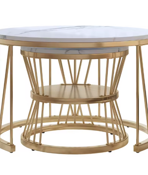 Ronde Salontafelset van 2 – Marmerlook & Gouden Frame