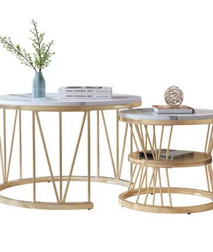 Ronde Salontafelset van 2 – Marmerlook & Gouden Frame
