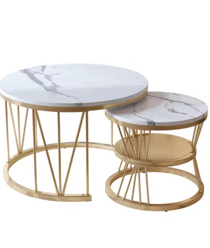 Ronde Salontafelset van 2 – Marmerlook & Gouden Frame