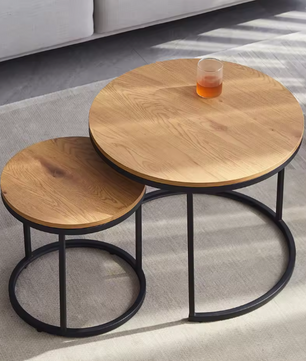 Set van 2 Scandinavische Salontafels – Ronde Tafels met Metaal & Hout, Stapelbaar en Modern
