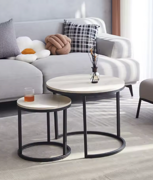 Set van 2 Scandinavische Salontafels – Ronde Tafels met Metaal & Hout, Stapelbaar en Modern
