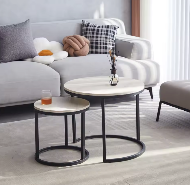 Set van 2 Scandinavische Salontafels – Ronde Tafels met Metaal & Hout, Stapelbaar en Modern
