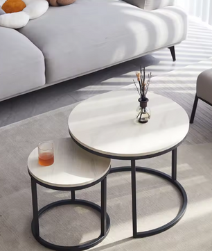 Set van 2 Scandinavische Salontafels – Ronde Tafels met Metaal & Hout, Stapelbaar en Modern