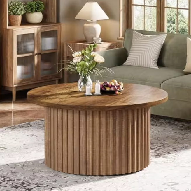 Ronde salontafel 80 cm – houtlook met metalen onderstel