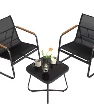 Tuinset met 2 Schommelstoelen en Glazen Bijzettafel – Ademend Stof & Glastafel