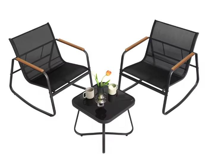 Tuinset met 2 Schommelstoelen en Glazen Bijzettafel – Ademend Stof & Glastafel