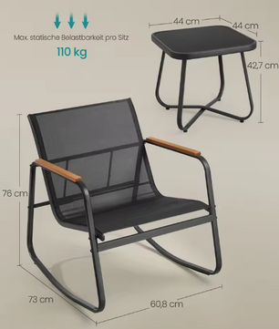 Tuinset met 2 Schommelstoelen en Glazen Bijzettafel – Ademend Stof & Glastafel