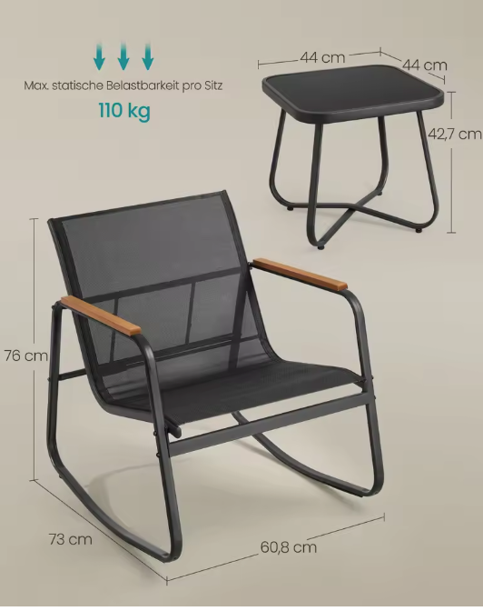 Tuinset met 2 Schommelstoelen en Glazen Bijzettafel – Ademend Stof & Glastafel