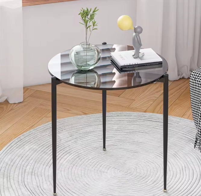 Ronde glazen bijzettafel – met metalen poten, Ø50 cm