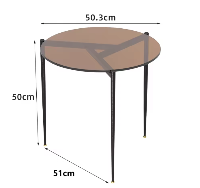 Ronde glazen bijzettafel – met metalen poten, Ø50 cm