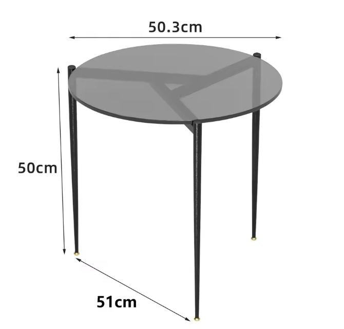 Ronde glazen bijzettafel – met metalen poten, Ø50 cm