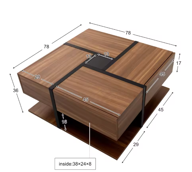 Vierkante salontafel 78 cm – met lades en onderplank