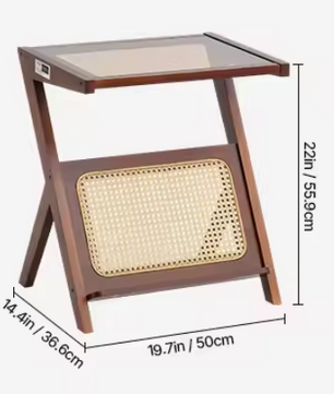 Z-vormige rotan salontafel met glazen blad – 50 en 120cm