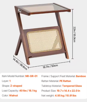 Z-vormige rotan salontafel met glazen blad – 50 en 120cm