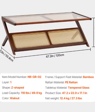 Z-vormige rotan salontafel met glazen blad – 50 en 120cm