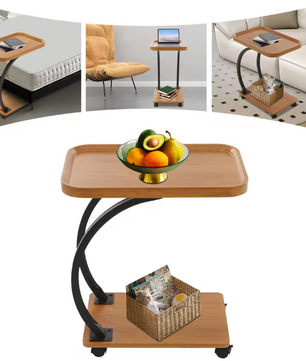 C-vormige bijzettafel met wielen en 2 niveaus – houtlook