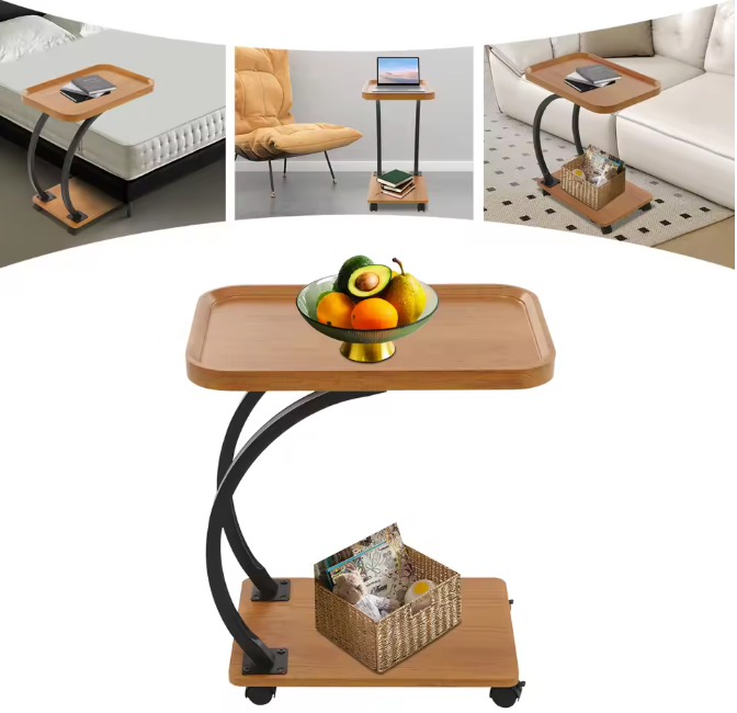 C-vormige bijzettafel met wielen en 2 niveaus – houtlook