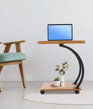 C-vormige bijzettafel met wielen en 2 niveaus – houtlook