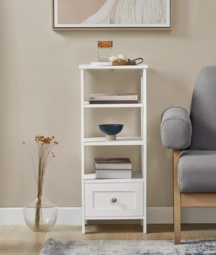 Wit Hoog Nachtkastje met Lade en 4 Planken – MDF, Modern & Multifunctioneel